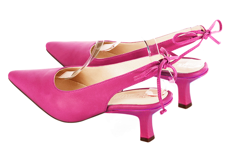 Fuschia pink women's slingback shoes. Pointed toe. Medium spool heels. Rear view - Florence KOOIJMAN